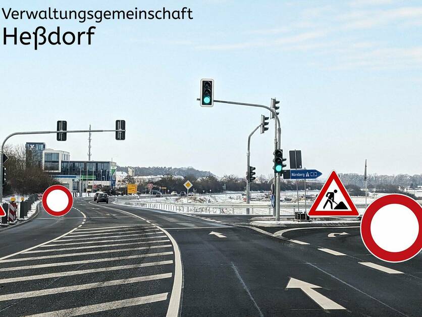Straßeneinengung und Sperrung der Zufahrt zur Autobahn A3 am 20.02.2024 in Heßdorf