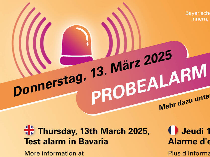 Probealarm in Bayern am 13.03.2025 - Infografik mehrsprachig