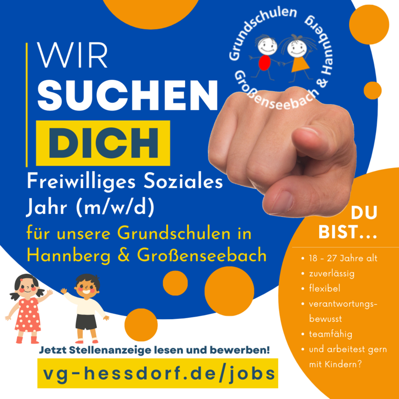 Stellenausschreibung FSJ 2023 Grundschulen Hannberg & Großenseebach – Die Grundschulen Hannberg und Großenseebach bieten eine Stelle Freiwilliges Soziales Jahr (FSJ) von September 2023 bis August 2024. VG Heßdorf/Brehme