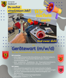 Stellenausschreibung Gerätewart FFW – Die Gemeinde Heßdorf sucht zum nächstmöglichen Zeitpunkt einen Gerätewart für die gemeindlichen Feuerwehren in Vollzeit. Die Stelle ist unbefristet.Marc Brehme VG Heßdorf